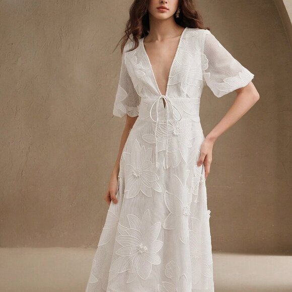 White Elegant Women's Floral Embellished Mid-Sleeve Midi Dress - Picture 6 of 6